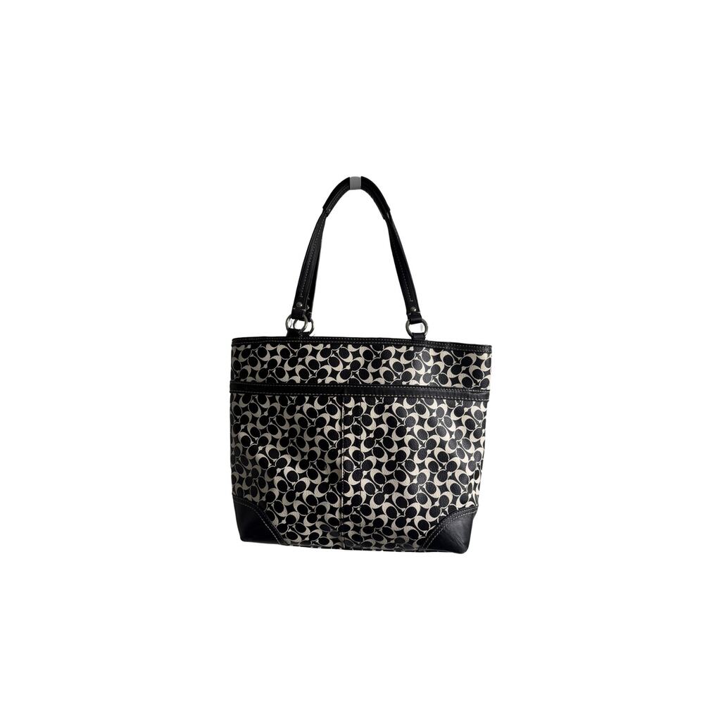 Coach Signature Tote F15137 Black White Canvas Leather Shoulder Bag - Picture 2 of 6
